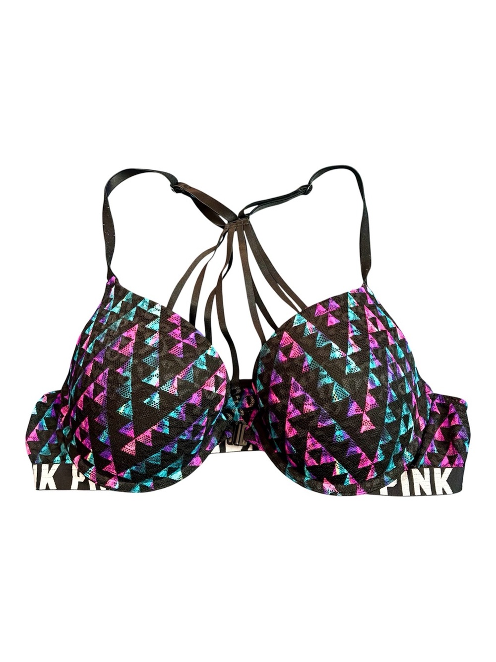 Victoria’s Secret PINK Push-up Bra 36B Front Close Strappy Racer Back Neon Aztec